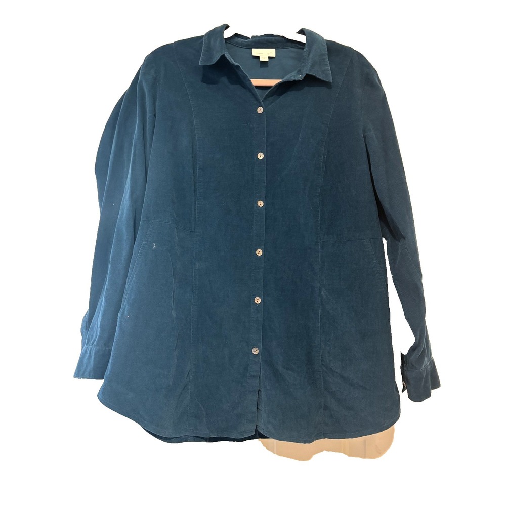 J Jill sz M blue corduroy button down collared lagenlook long shirt pockets E